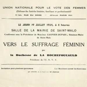 Affichette annonçant une conférence sur le suffrage féminin à Saint-Malo organisée le 19 juillet 1934 – Fonds de la documentation générale – 12 Fa 22