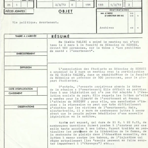 Rapport des renseignements généraux sur la présence de Gisèle Halimi à un meeting sur l'avortement à la faculté de médecine de Rennes – mars 1973. Fonds du cabinet du préfet d'Ille-et-Vilaine – 1164W22