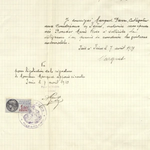 Demande de délivrance du certificat de capacité pour la conduite de véhicules automobiles de Marie Rose Porcher, cultivatrice à Feins, accompagnée d'une autorisation maritale de Pierre Marquet – 1939 – Fonds de la préfecture d'Ille-et-Vilaine – 2 S 944
