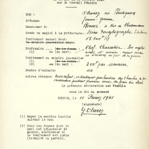 Déclaration souscrite en vue de l'application éventuelle de la loi du 11 octobre 1940 sur le travail féminin – 1941 – Fonds du cabinet du préfet de la région Bretagne – 502 W 16